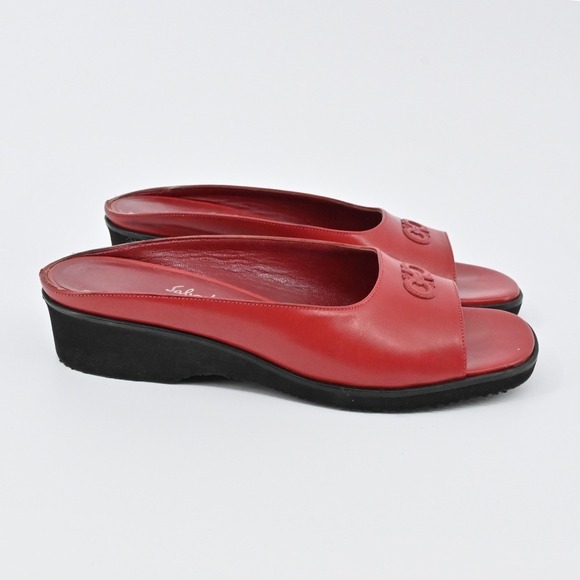 Salvatore Ferragamo Slide Wedges Womens Size 7B Red Logo Open Toe Comfort Preppy - Picture 5 of 11